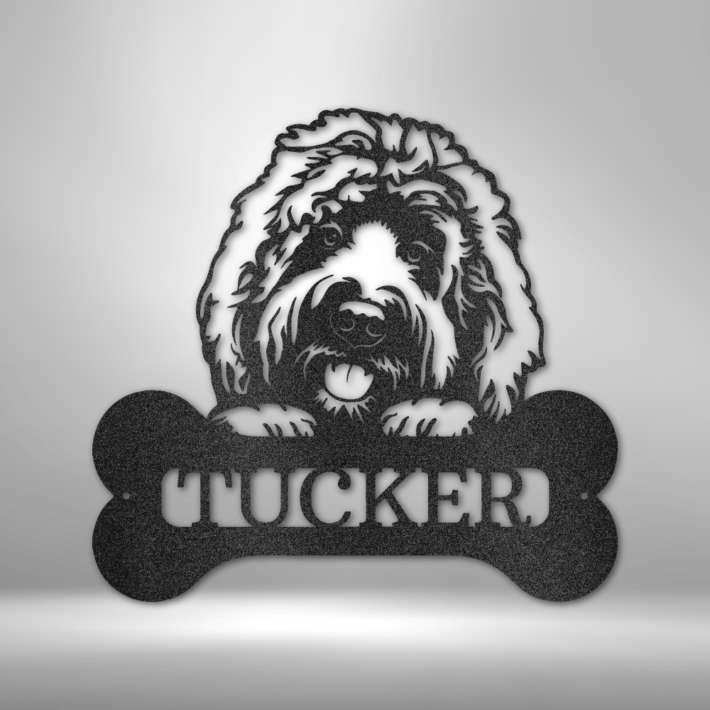 custom steel sign made in usa with fluffy dog and personalized bone nameplate