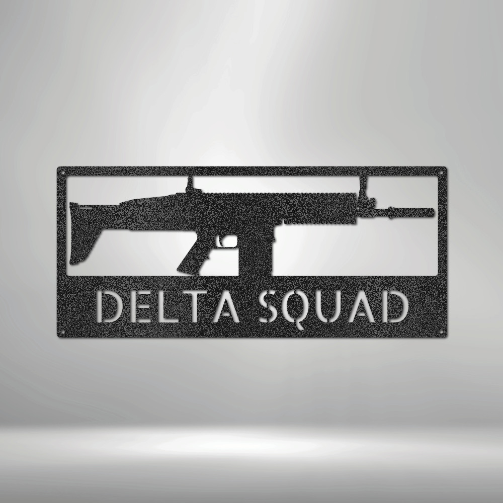 Custom rifle steel sign with Delta Squad text and 8 gun style options including AR-15 and AK-47, made in USA
