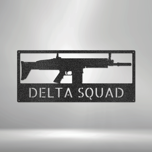 Custom rifle steel sign with Delta Squad text and 8 gun style options including AR-15 and AK-47, made in USA