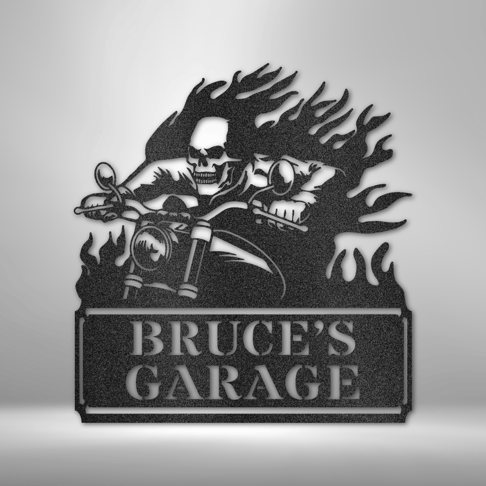 Custom steel sign with flaming skeleton biker and personalized garage nameplate