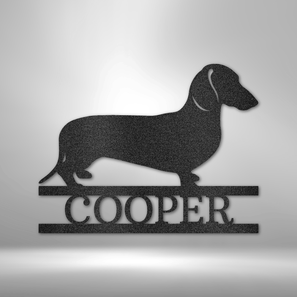custom steel sign made in usa with dachshund silhouette and personalized dog name