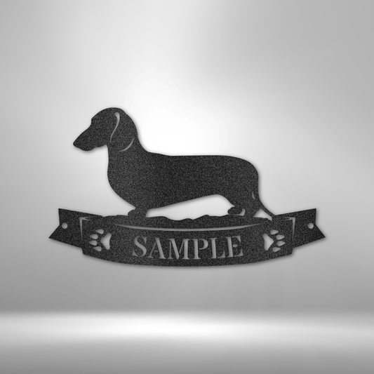 Custom dachshund steel sign with silhouette and personalized nameplate, dog lover wall art made in USA