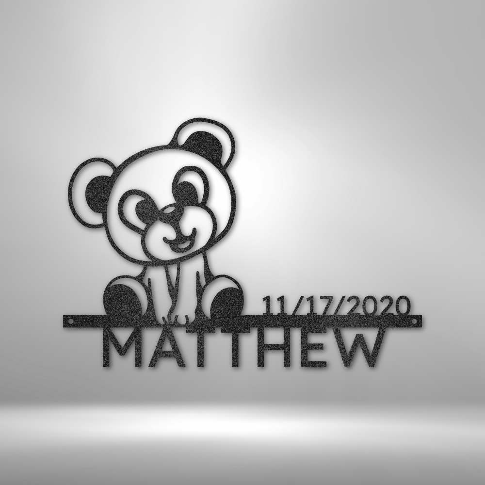 Custom steel sign with teddy bear design and personalized baby name and birthdate
