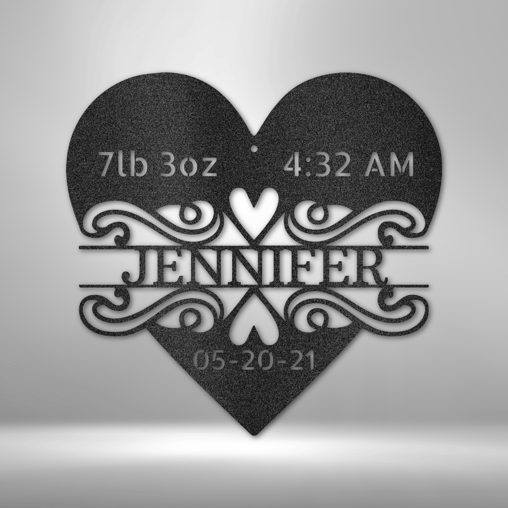 Custom baby heart steel sign with name, weight, time, and birthdate, made in USA