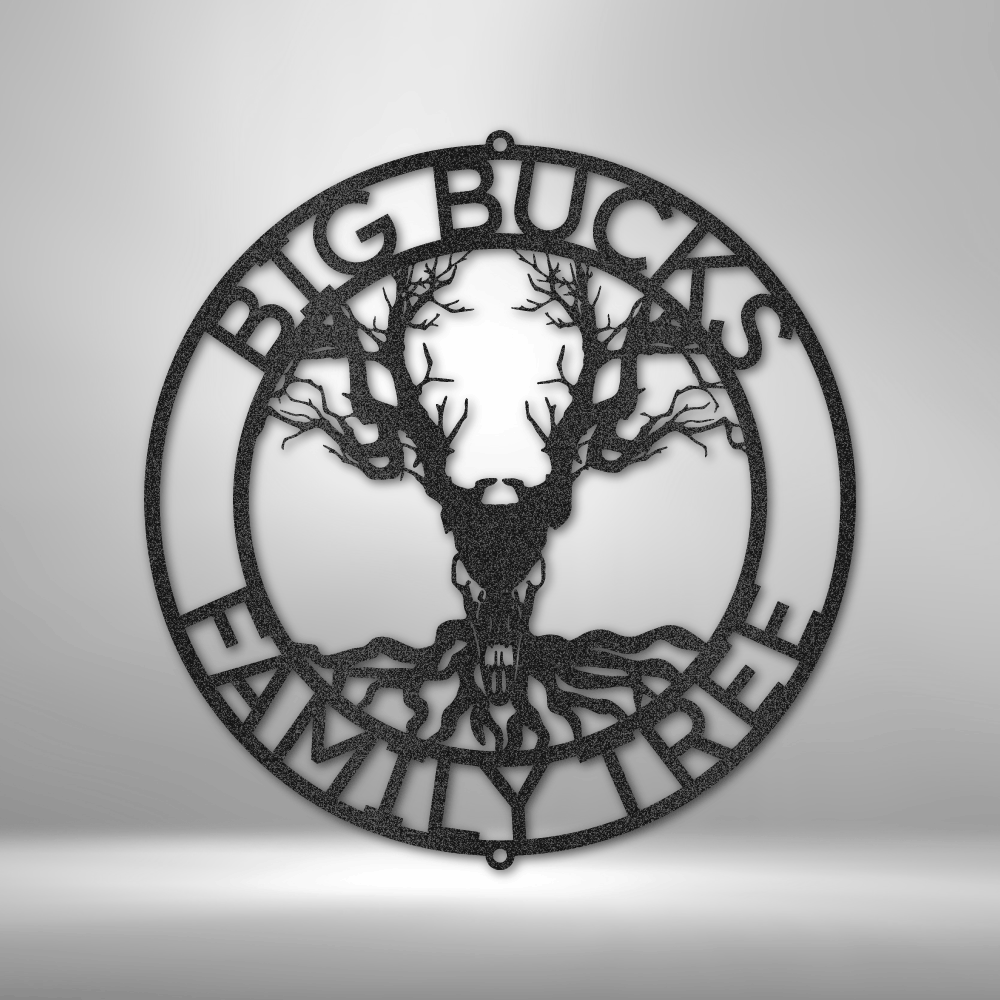custom steel sign made in usa with tree of life shaped like buck and customizable family text