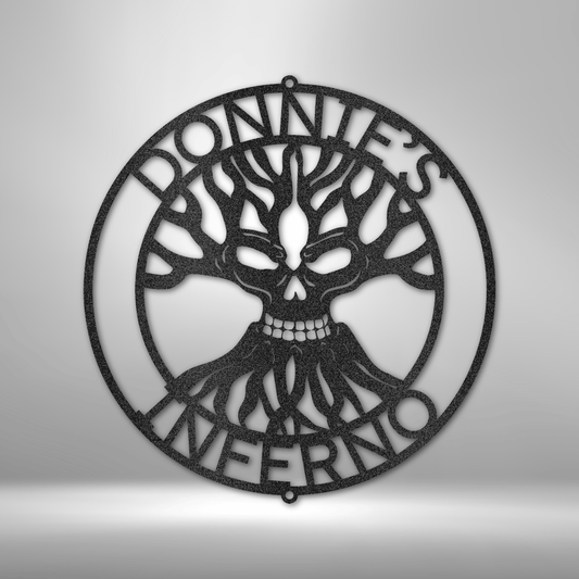 Custom steel sign with skull-faced tree of life and personalized top and bottom text