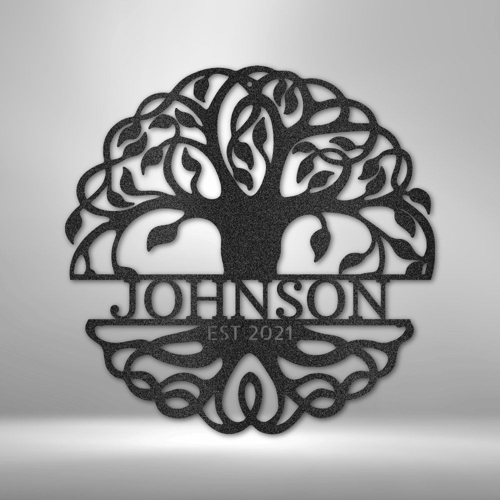 Custom steel tree of life sign with intricate branches and personalized name and date