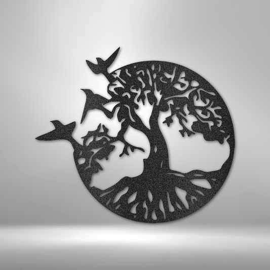 custom steel sign made in usa with tree of life silhouette and birds in flight