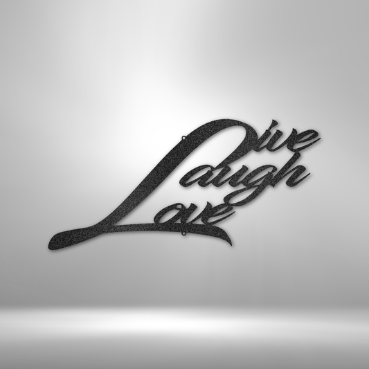 Metal wall art with Live Laugh Love phrase in elegant script design