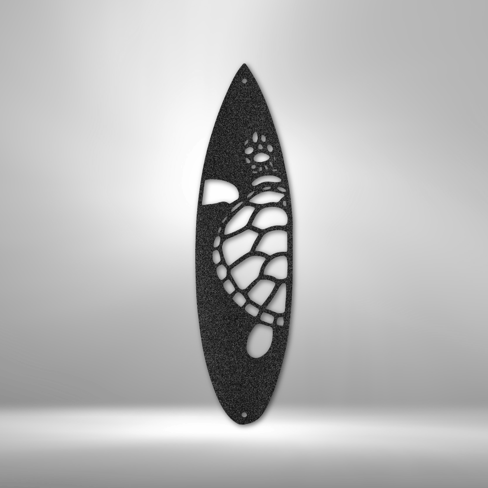 teel wall art with sea turtle cutout in a vertical surfboard shape for coastal decor