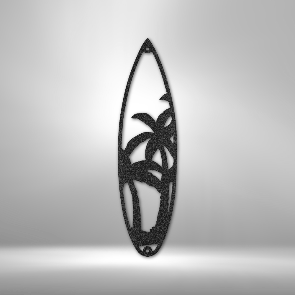 Steel wall art with palm tree cutout in surfboard shape for coastal or tropical decor