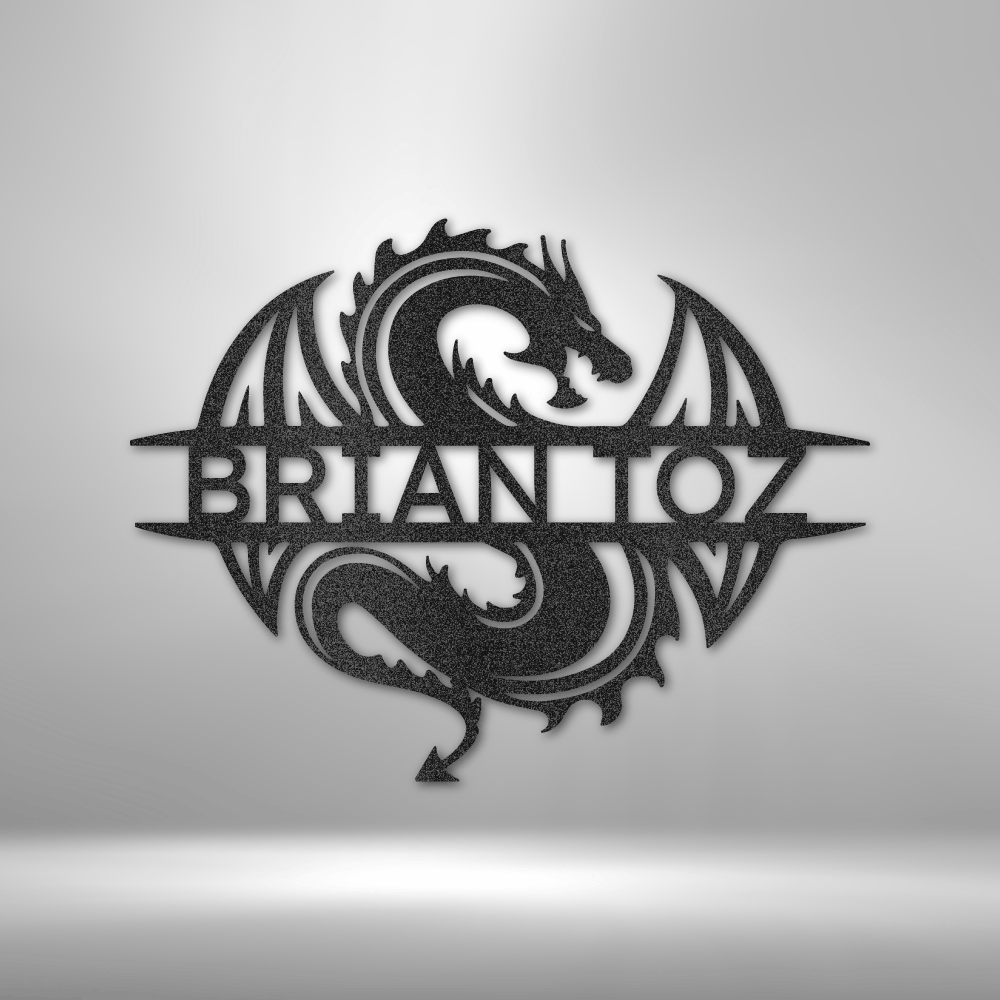 Custom steel dragon sign with coiled fantasy design and personalized name across center
