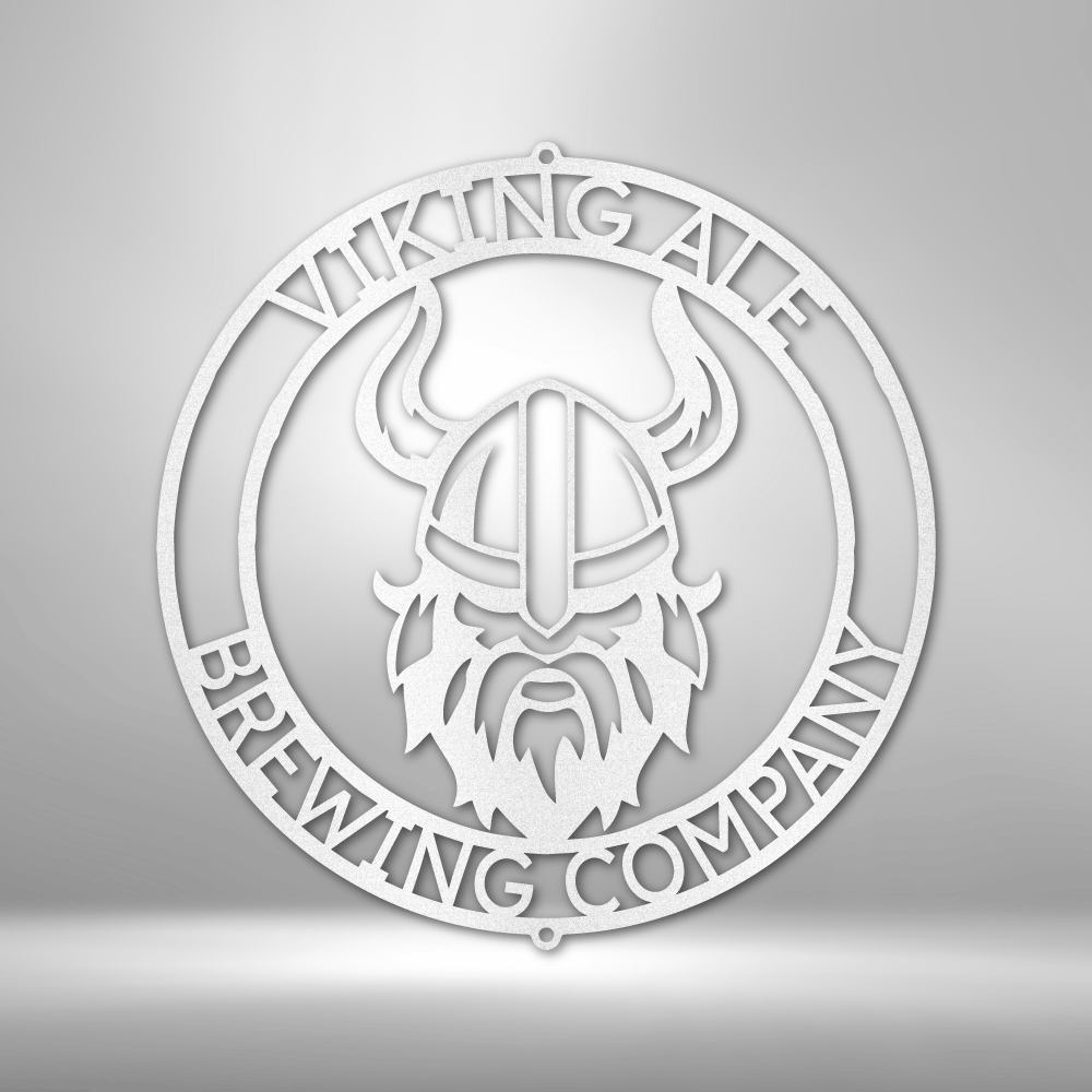 Custom steel Viking wall sign with horned helmet design and personalized Norse-themed text - white
