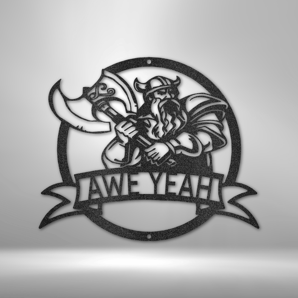 Custom Viking warrior steel sign with axe and personalized banner text, garage or man cave wall decor made in USA