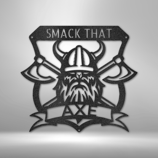 Custom Viking axe steel sign with helmet and two personalized text banners, made in USA