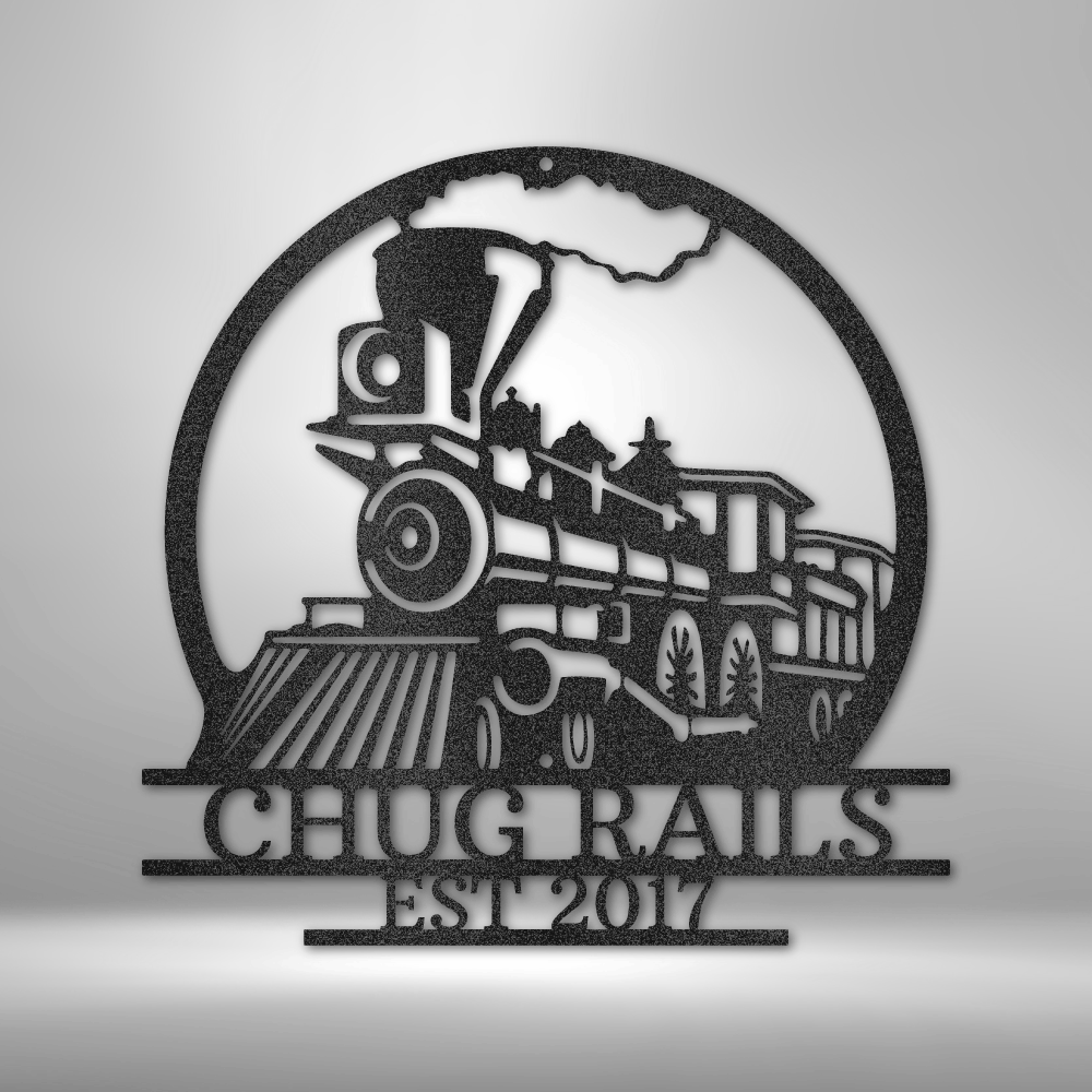 Custom steel train sign with vintage locomotive and two personalized text lines, made in USA