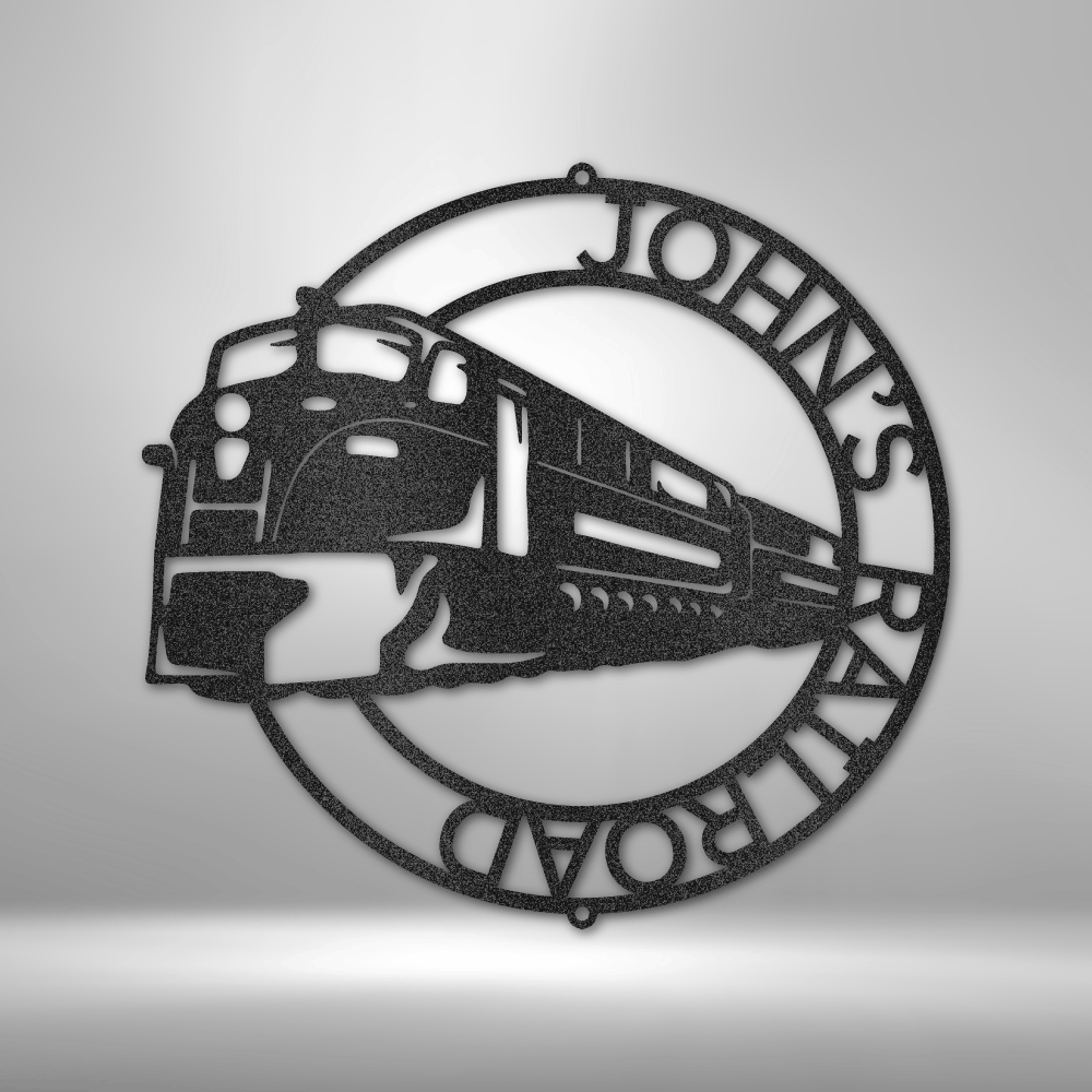 Custom steel sign with train locomotive design and personalized railroad name in circular frame