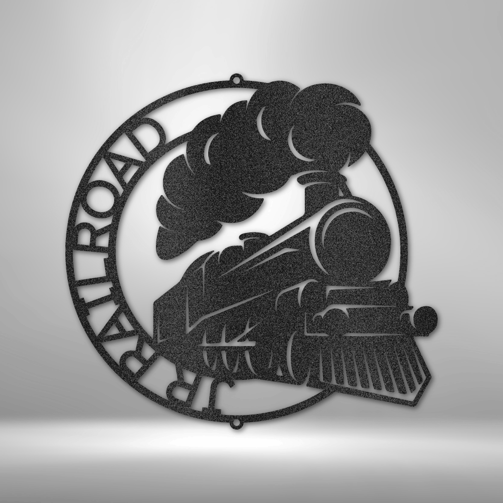 Custom steel sign with vintage train and personalized railroad theme, made in USA