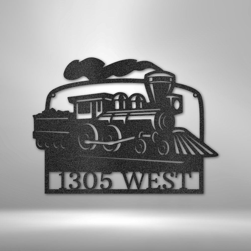 Custom steel train wall art with vintage locomotive and personalized name, number, or phrase