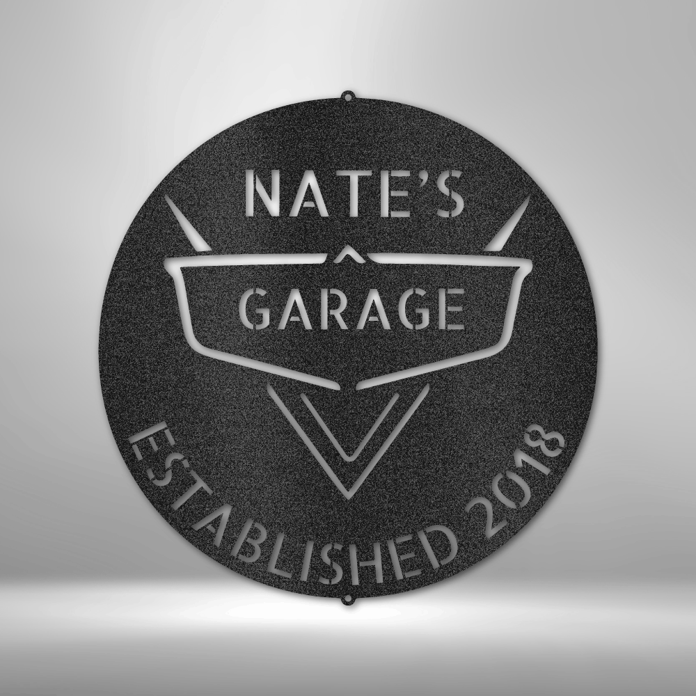 Custom round garage steel sign with personalized name and established year, automotive wall decor made in USA