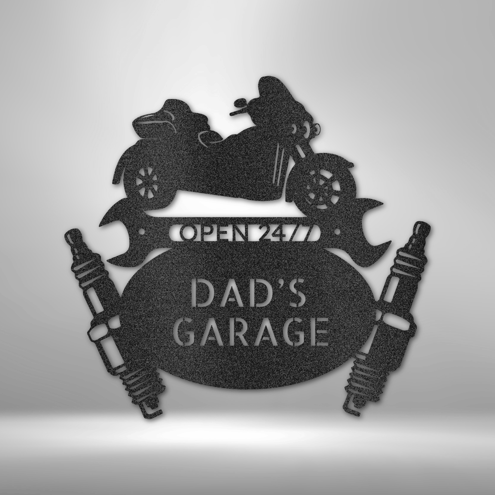 Custom steel garage wall art with trike motorcycle silhouette and personalized text