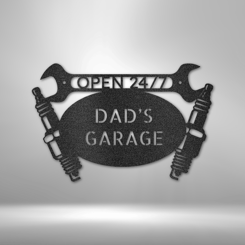 Custom garage steel sign with shocks, wrench, and personalized text, made in USA