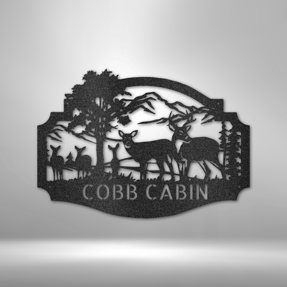 custom steel sign made in usa with mountain deer family silhouette and customizable nameplate