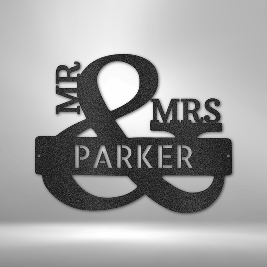 Custom Mr and Mrs steel sign with ampersand and personalized last name, wedding or anniversary wall decor made in USA