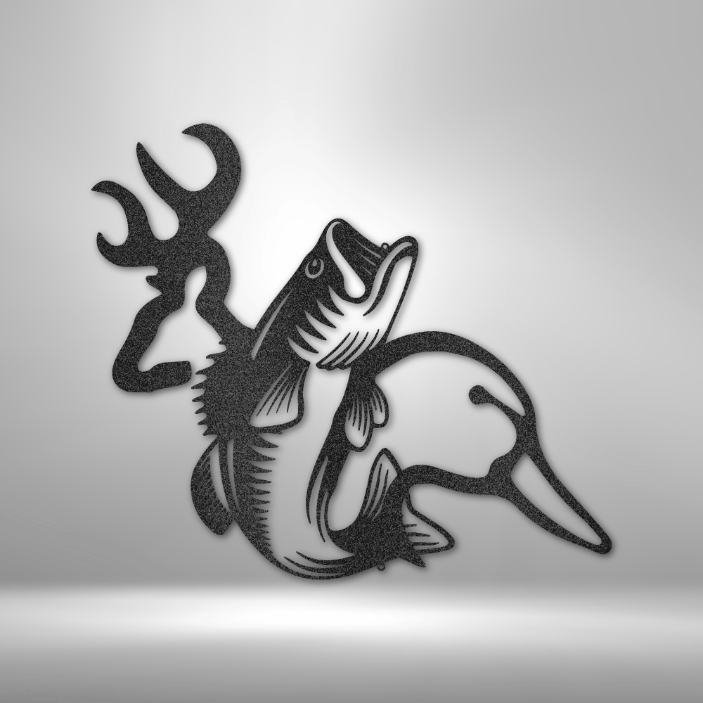 Metal wall art with buck, bass, and duck silhouette design for hunting or fishing decor