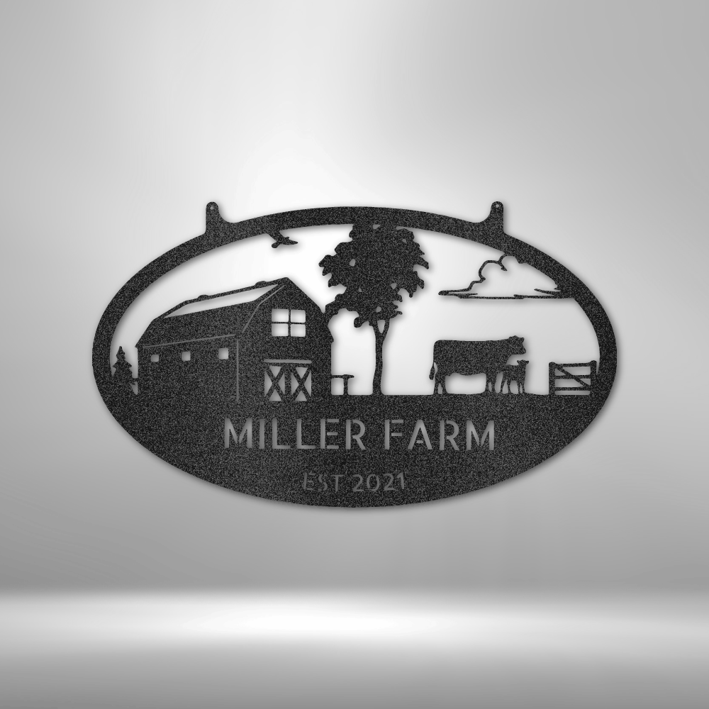 custom steel sign made in usa with barn livestock and fully customizable farm name and date