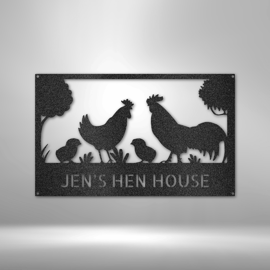 custom steel sign made in usa with chickens roosters and personalized hen house nameplate