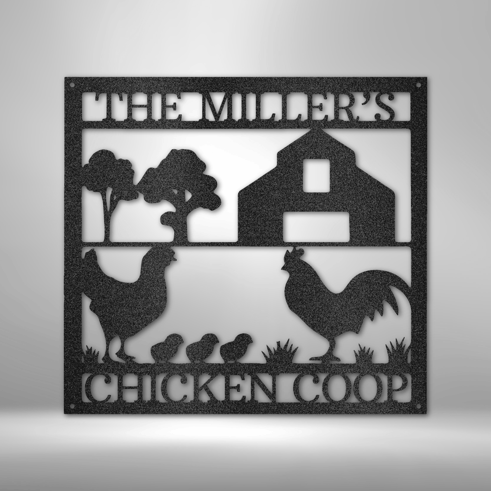 custom steel sign made in usa with barnyard chickens and personalized coop name text