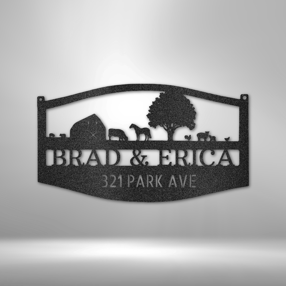 custom steel sign made in usa with barn animals tree and personalized name and address text
