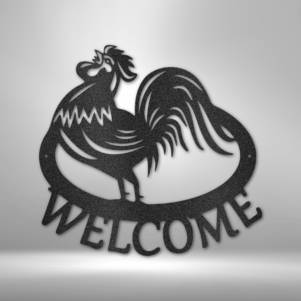 Custom steel rooster wall art with personalized text for farmhouse porch or kitchen decor