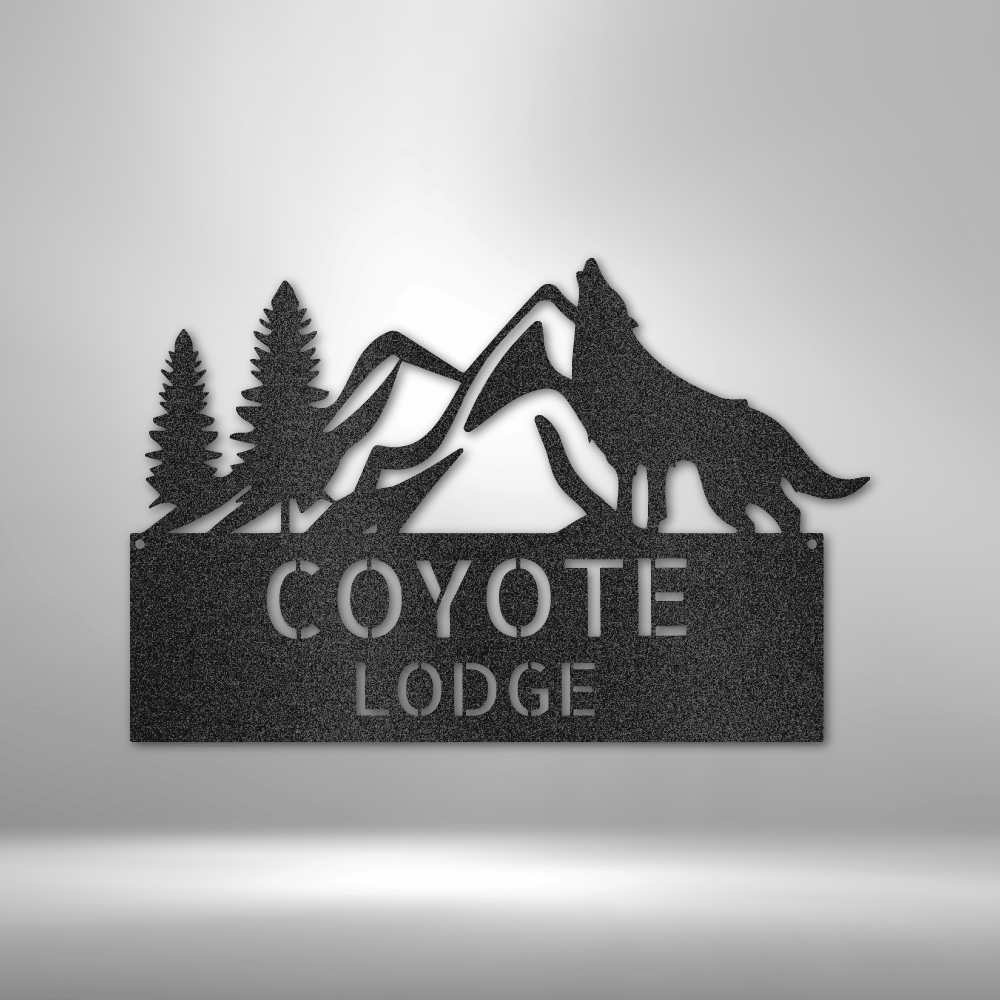 Custom steel coyote and mountain sign with personalized lodge or cabin name