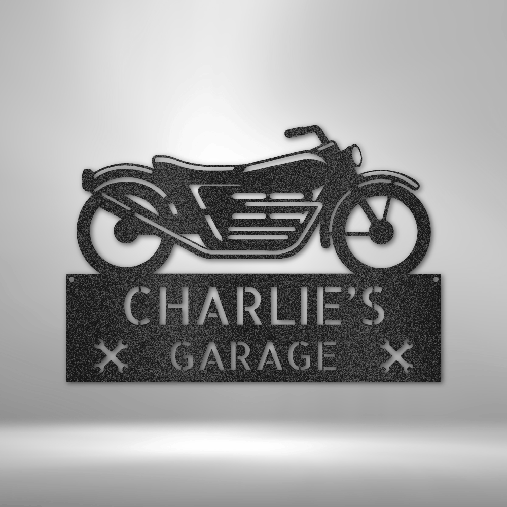 custom steel sign made in usa with motorcycle silhouette and personalized garage nameplate