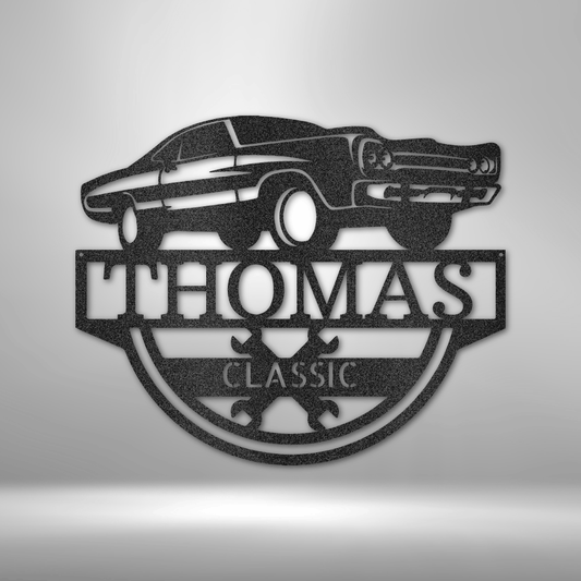 custom steel sign made in usa with classic car silhouette and customizable name and text