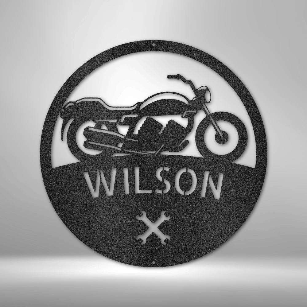 custom steel sign made in usa with motorcycle silhouette and personalized name in round layout