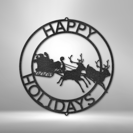 Happy Holidays metal wall art with Santa sleigh and reindeer cutout, round Christmas decor made in USA