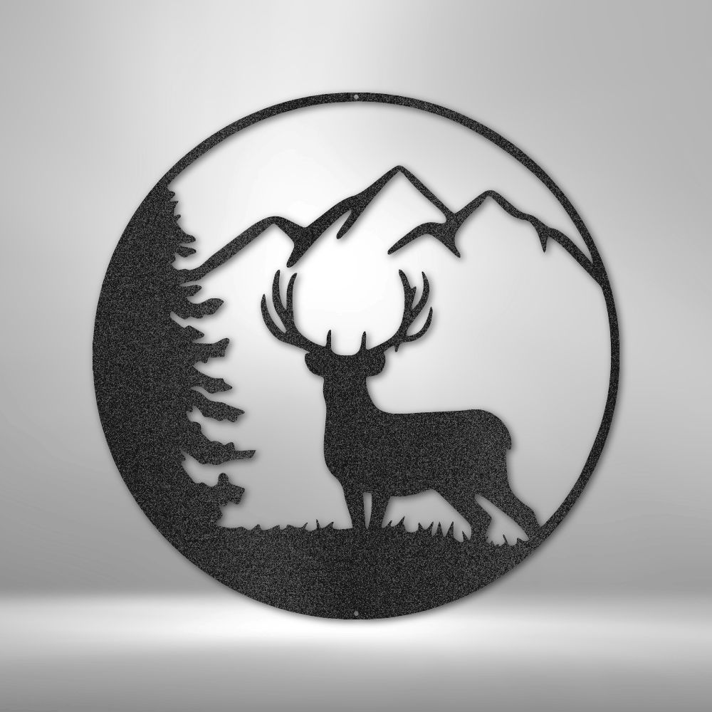 custom steel sign made in usa with deer silhouette forest tree and mountain background