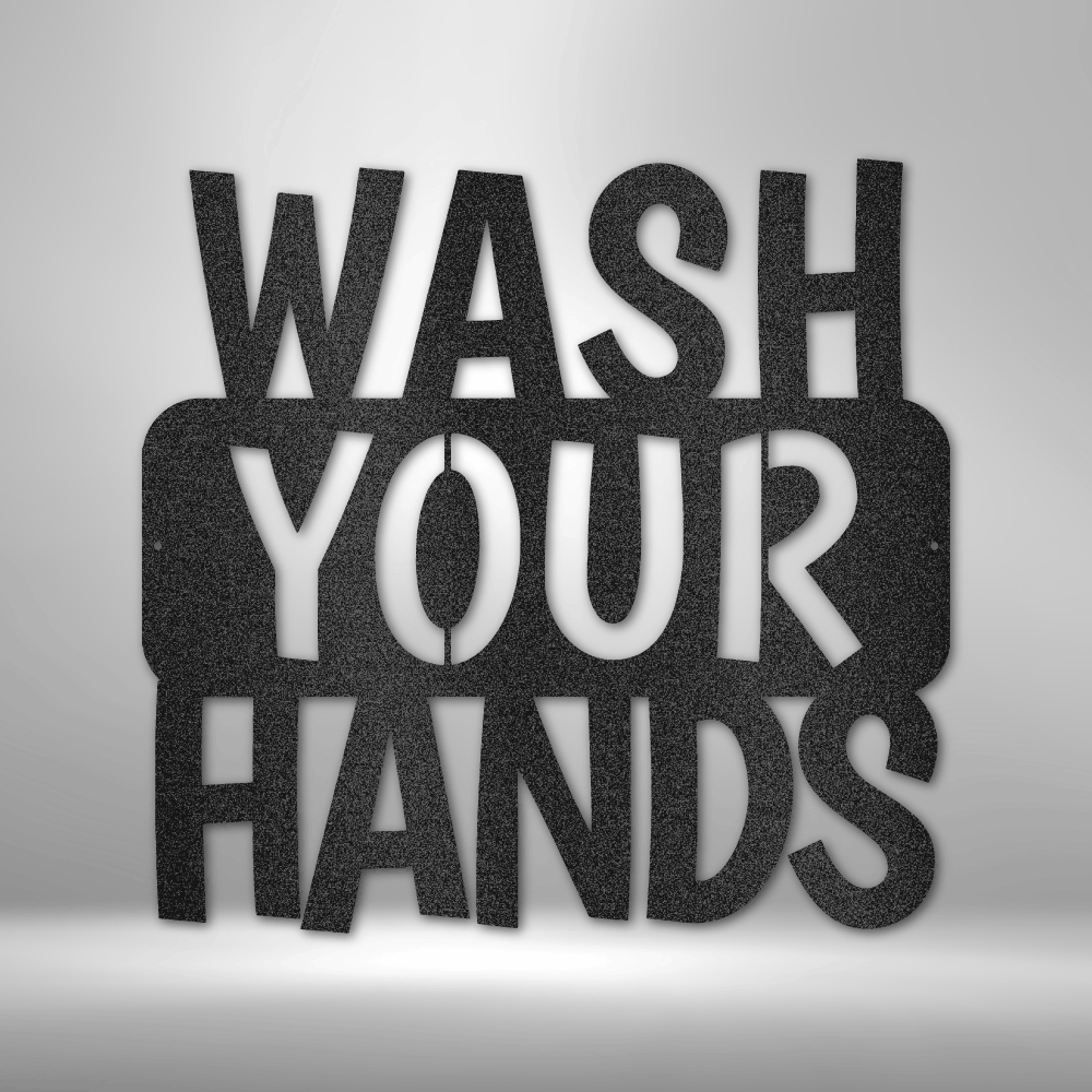 Wash your hands metal wall art in bold lettering, funny bathroom decor made in USA