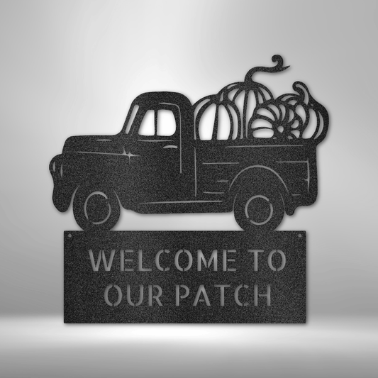 Custom fall steel sign with vintage truck and pumpkins, personalized autumn outdoor decor made in USA