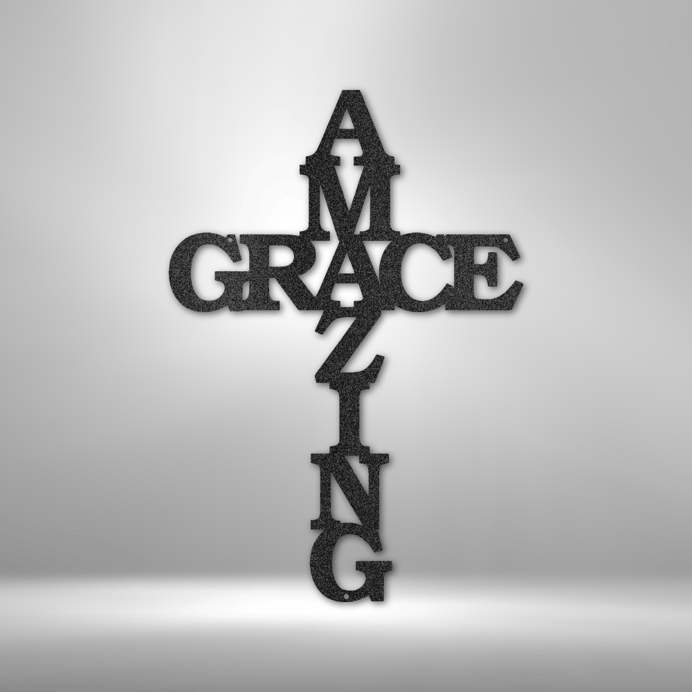 Amazing Grace cross-shaped Christian metal wall art, faith-based home or church decor made in USA