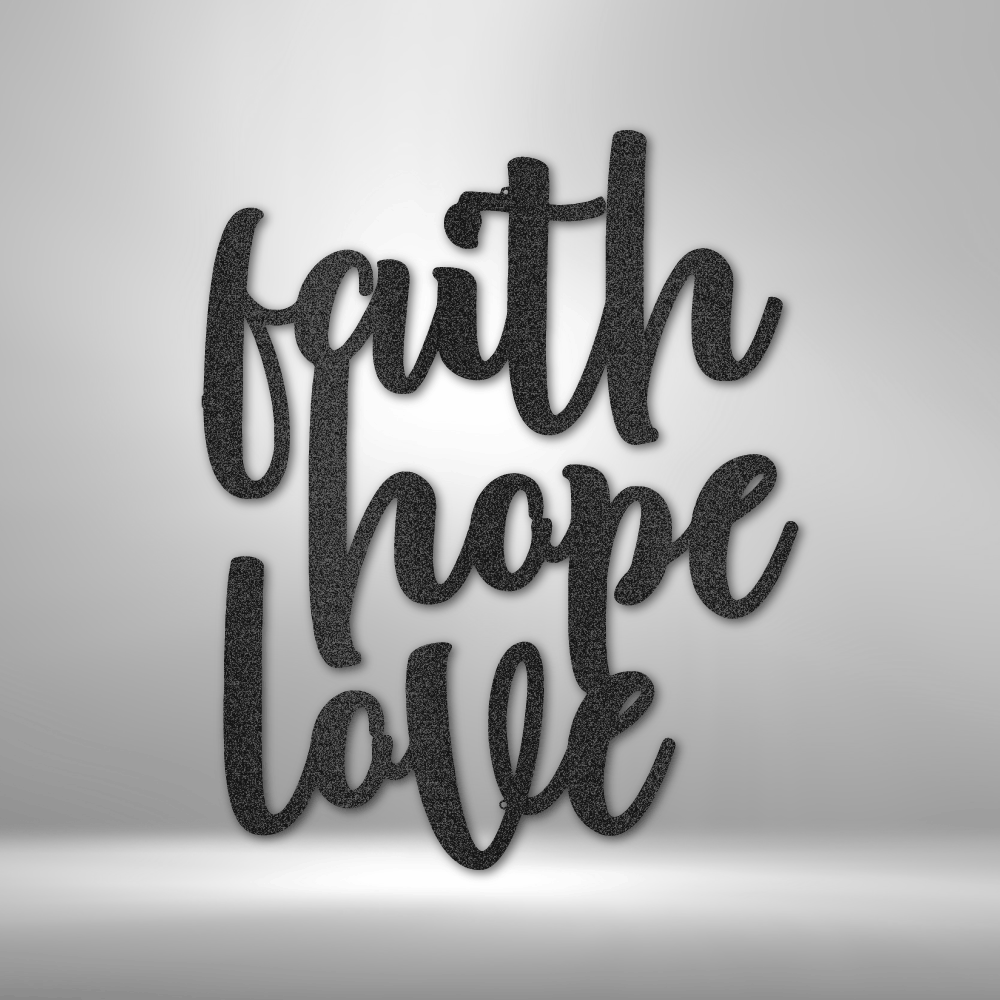 Faith Hope Love metal wall art in stacked cursive script, inspirational home decor made in USA
