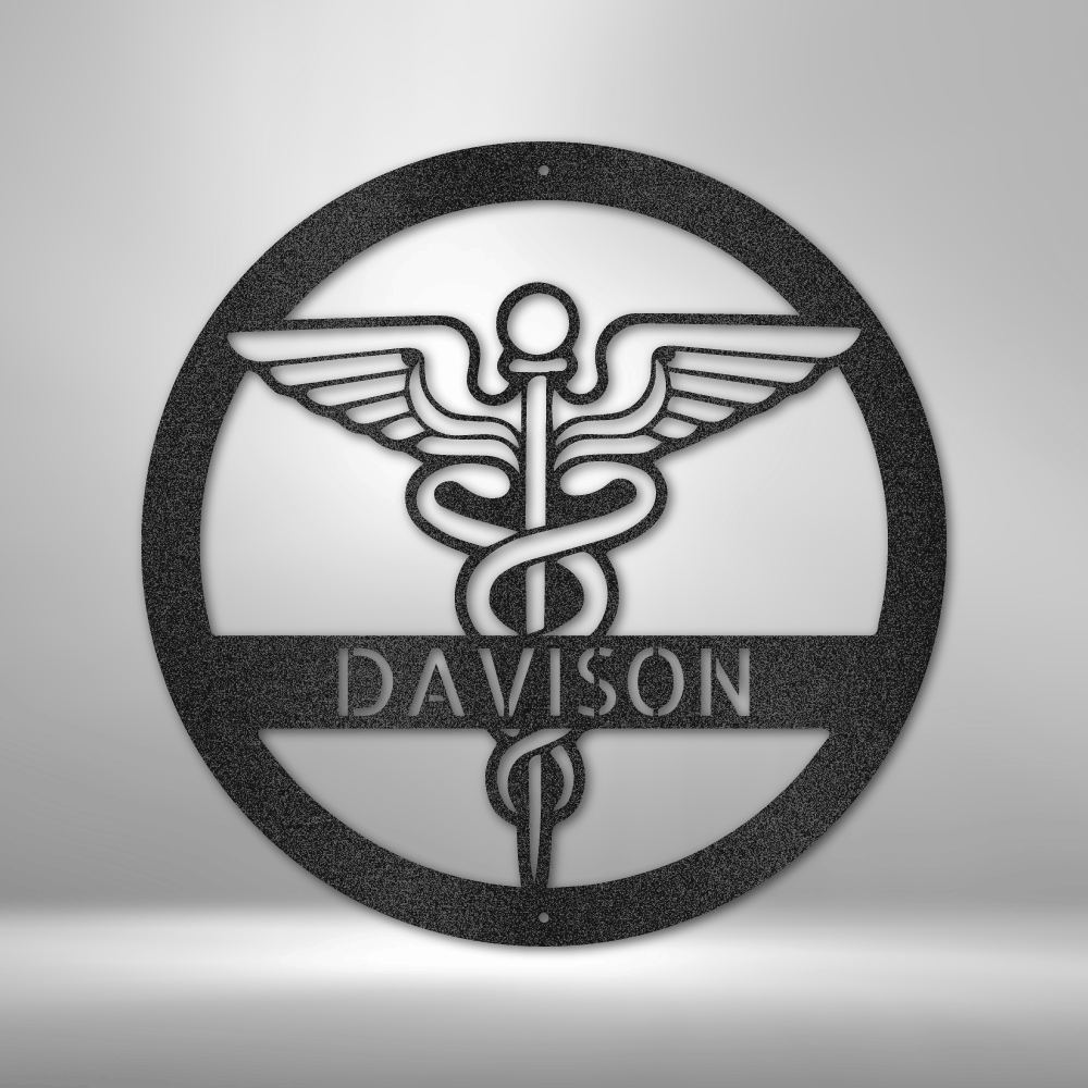 Custom steel medical caduceus sign with personalized nameplate, professional office wall decor made in USA