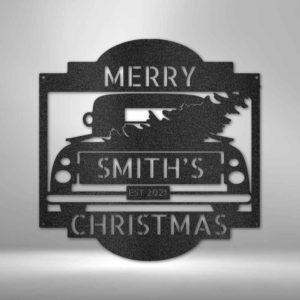 custom steel sign made in usa with vintage christmas truck and four customizable text areas