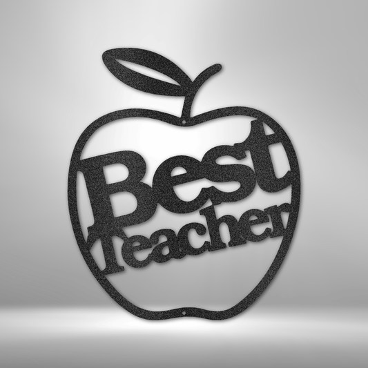 Steel wall art in apple shape with “Best Teacher” cutout text, perfect educator gift
