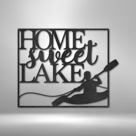 Home Sweet Lake metal wall art with kayak silhouette, lake house or cabin decor made in USA