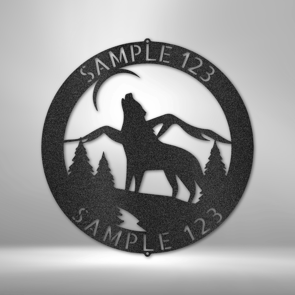 Custom steel sign with howling wolf design and personalized text top and bottom. Bold rustic metal decor for cabins, ranches, or outdoor spaces.
