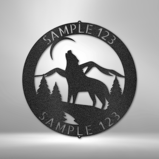 Custom steel sign with howling wolf design and personalized text top and bottom. Bold rustic metal decor for cabins, ranches, or outdoor spaces.